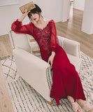 エレガント Ⅴネック 谷間魅せ 刺繡 高級感 宴会 演奏会 ロングドレス 淑女 XH2-YFTK5.6