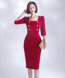 レッドドレス スクエアネック セクシー エレガント アームカバー タイトドレス XH2-ZED882535BH506