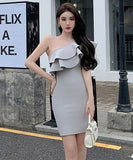 【green&gray】ミニドレスパーティーワンショルダーフリル宴会 XH2-ZED889544GT347