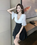 セクシー カラーマッチング レース ワンピース レディース ハイウエスト フリル Aライン スカート YM8595