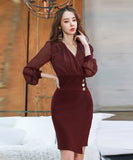 レディースドレス エレガント 女性 カジュアル ワンピース ドレス 韓国 長袖 Vネック XY2-ZRD885661A71