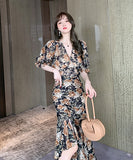 2点セット 淑やか ロングドレス 花柄 Ⅴネック エレガント 着瘦せ XH2-JY4040