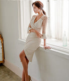 Vネック ひざ丈ドレス   ゴージャス レース  高級感  二次会  LT2-ZED889060BM131