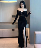 ベロア  ロングドレス  キャバドレス  着痩せ  谷間魅せ  脚長効果  セクシー  披露宴  LT2-MLS7629