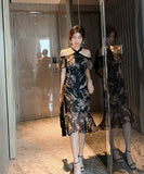 ホルターネック チュール 花柄 フリル 淑やか セクシー XH2-JY1938