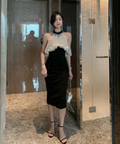 ホルターネック 膝丈ドレス フリル 可愛い 着瘦せ 宴会 XH2-JY1772