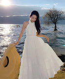 【２色】サンドレス 高見え ホルターネック 可愛い ハイウエスト 着瘦せXH2-QJ8982