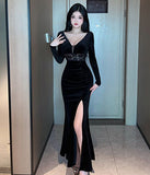 ベロア  ロングドレス  キャバドレス  着痩せ  谷間魅せ  脚長効果  セクシー  披露宴  LT2-MLS7629