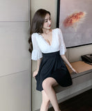 セクシー カラーマッチング レース ワンピース レディース ハイウエスト フリル Aライン スカート YM8595