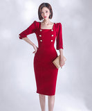 レッドドレス スクエアネック セクシー エレガント アームカバー タイトドレス XH2-ZED882535BH506