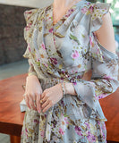 Ⅴネック 花柄 ロングドレス 通勤 淑やか 脚長効果 大人可愛い XH2-QYF33360X3827069