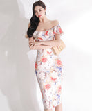 花柄 フリル ひらひら オフショルダー ゴージャス ひざ丈ドレス かわいい MY2-ZED880508E49