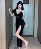 【2色】ロングドレス 非対称 谷間魅せ セクシー 宴会 スリット 脚長効果 XH2-MLS7645