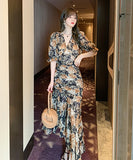 2点セット 淑やか ロングドレス 花柄 Ⅴネック エレガント 着瘦せ XH2-JY4040