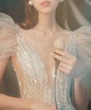 バースデーロングドレス 宴会 パーティー 演奏会 パフスリーブ キラキラ XH2-JZ1