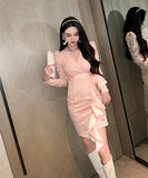 高品質 膝丈ドレス レース 披露宴 結婚式 宴会 フリル Ⅴネック 可愛い 同伴 XH2-JY20188