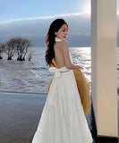 【２色】サンドレス 高見え ホルターネック 可愛い ハイウエスト 着瘦せXH2-QJ8982