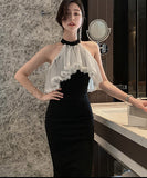 ホルターネック 膝丈ドレス フリル 可愛い 着瘦せ 宴会 XH2-JY1772