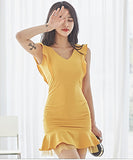 ミニドレス セクシー チュール フリル 大人 Ⅴネック イエロー XH2-ZED88139A07