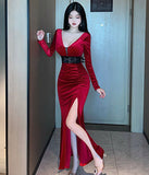 ベロア  ロングドレス  キャバドレス  着痩せ  谷間魅せ  脚長効果  セクシー  披露宴  LT2-MLS7629