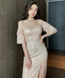 チューブトップ キラキラ ロングドレス 谷間魅せ  セクシー  高級感  LT2-YM9107