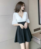 セクシー カラーマッチング レース ワンピース レディース ハイウエスト フリル Aライン スカート YM8595