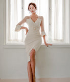 Vネック ひざ丈ドレス   ゴージャス レース  高級感  二次会  LT2-ZED889060BM131