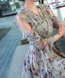 Ⅴネック 花柄 ロングドレス 通勤 淑やか 脚長効果 大人可愛い XH2-QYF33360X3827069