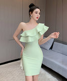 【green&gray】ミニドレスパーティーワンショルダーフリル宴会 XH2-ZED889544GT347