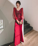 エレガント Ⅴネック 谷間魅せ 刺繡 高級感 宴会 演奏会 ロングドレス 淑女 XH2-YFTK5.6