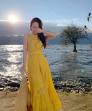 【２色】サンドレス 高見え ホルターネック 可愛い ハイウエスト 着瘦せXH2-QJ8982