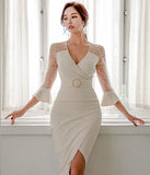 Vネック ひざ丈ドレス   ゴージャス レース  高級感  二次会  LT2-ZED889060BM131