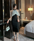 ホルターネック 膝丈ドレス フリル 可愛い 着瘦せ 宴会 XH2-JY1772