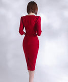 レッドドレス スクエアネック セクシー エレガント アームカバー タイトドレス XH2-ZED882535BH506