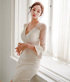 Vネック ひざ丈ドレス   ゴージャス レース  高級感  二次会  LT2-ZED889060BM131