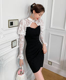おしゃれ ミニドレス 不規則 レース 高級感 パフスリープ セクシー XH2-JY5275