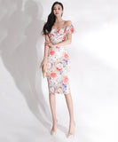 花柄 フリル ひらひら オフショルダー ゴージャス ひざ丈ドレス かわいい MY2-ZED880508E49