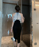 ホルターネック 膝丈ドレス フリル 可愛い 着瘦せ 宴会 XH2-JY1772