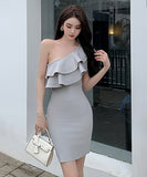 【green&gray】ミニドレスパーティーワンショルダーフリル宴会 XH2-ZED889544GT347