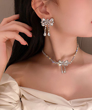 ピカピカ ネックレス ピアス セット 結婚式 高級感 蝶結び LT3-BY-HN1317