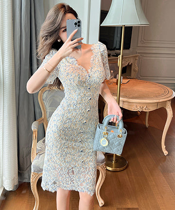 レース Vネック 膝丈ドレス  ワンピース  セクシー  おしゃれ 披露宴  LT2-JY10110