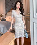レース Vネック 膝丈ドレス  ワンピース  セクシー  おしゃれ 披露宴  LT2-JY10110